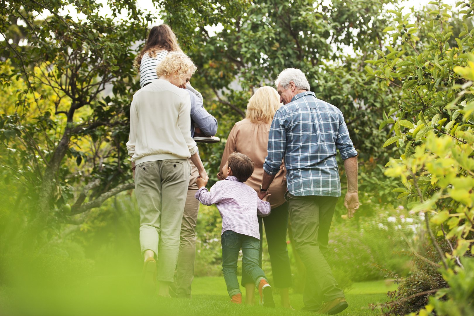 A family of six walking together in a lush garden, seen from behind, with adults and children holding hands.