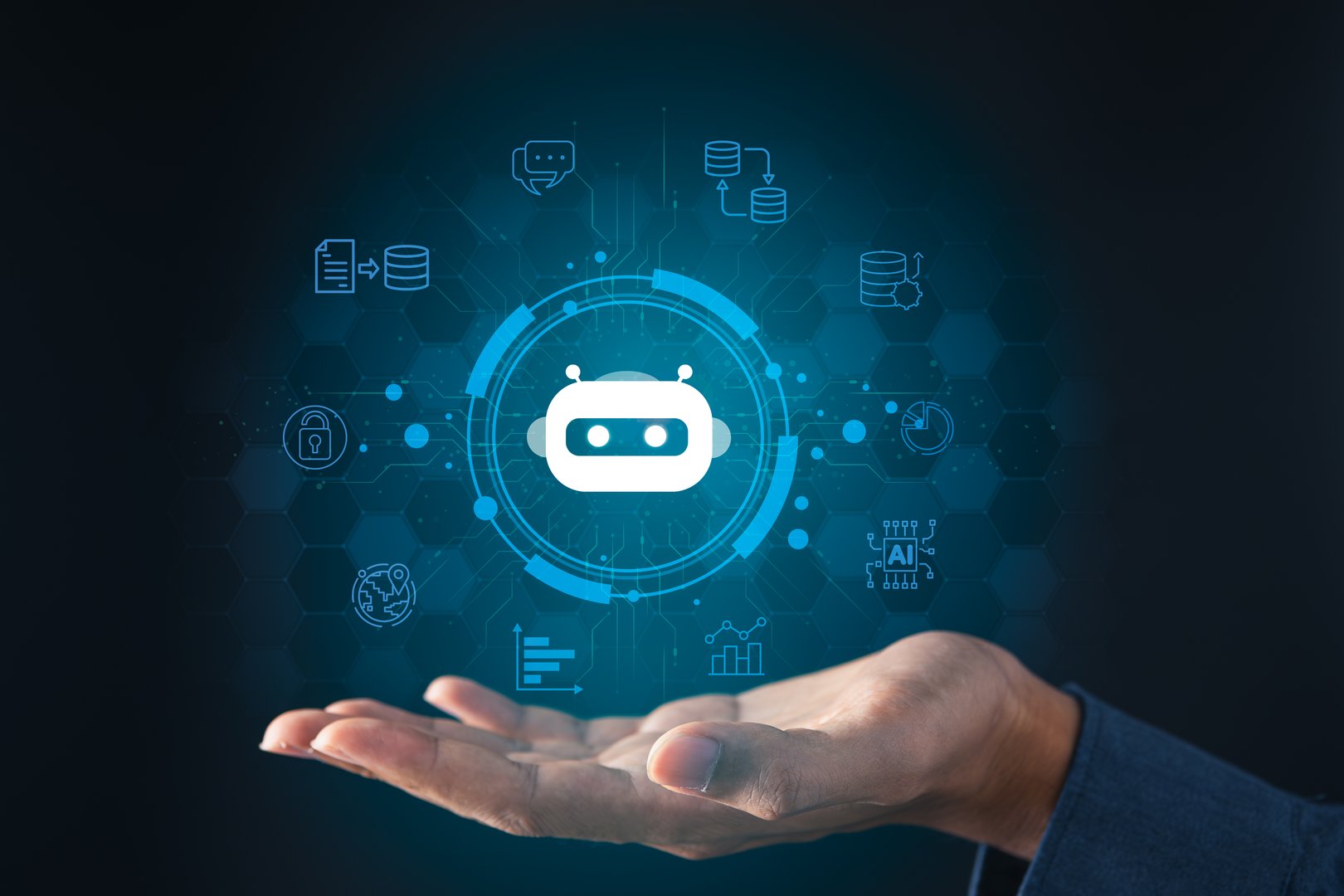 AI robotic Artificial Intelligence, businessman using AI chatbot for conversation with human. Futuristic technology and digital communication concept.