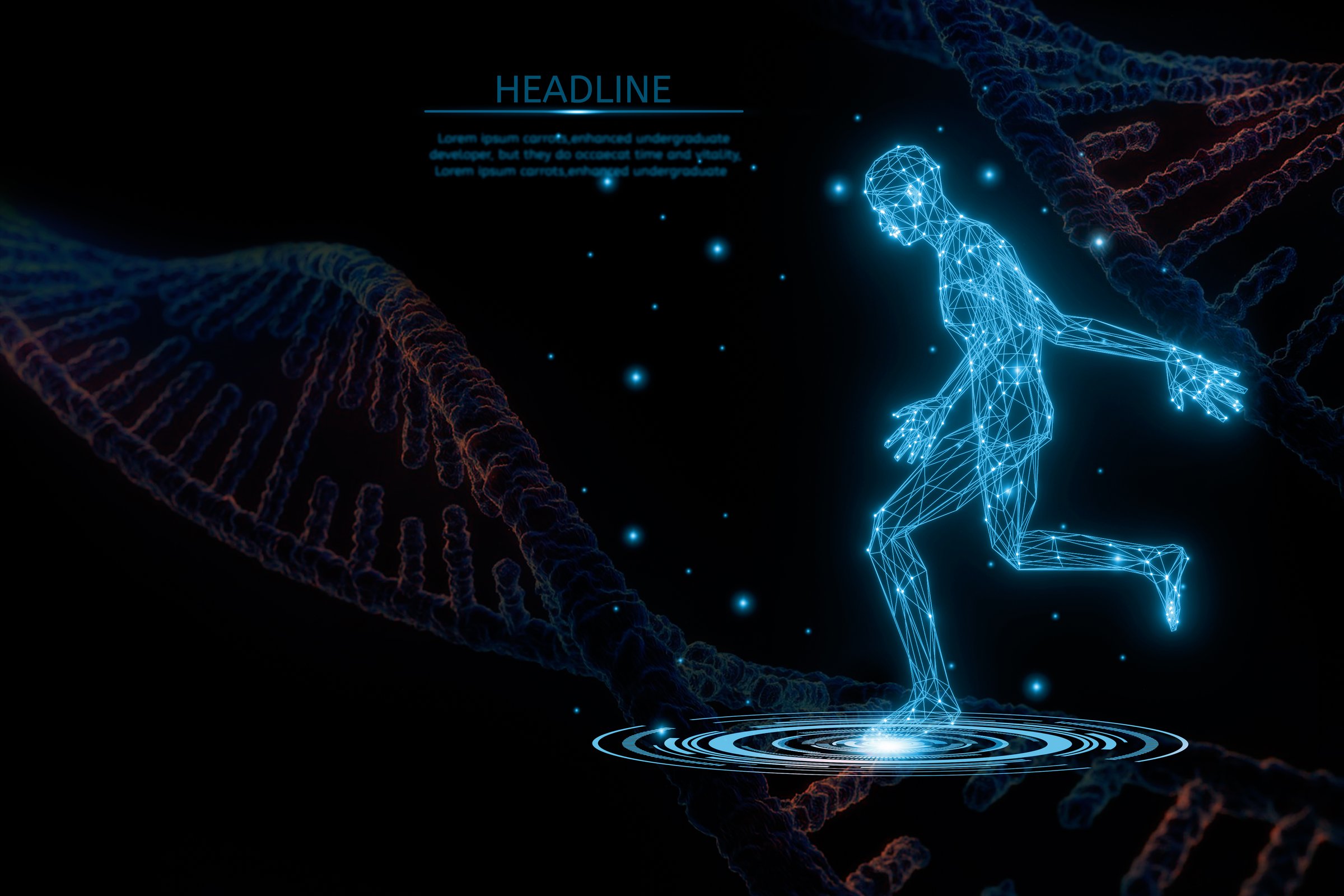 Futuristic Wireframe human body active and DNA,3D render illustration model polygonal dot and line,concept medical and technology,virtual scan anatomy body,Artificial intelligence or AI,deep learning