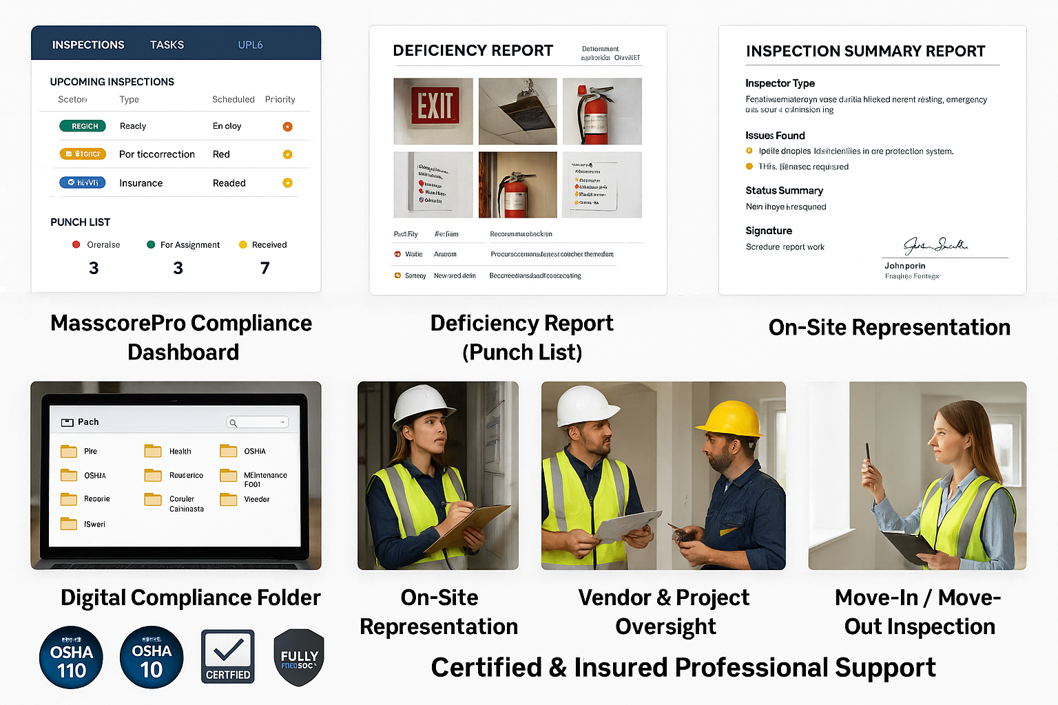 MassCore Pro Compliance Dashboard showing inspections, deadlines, and punch list tracking