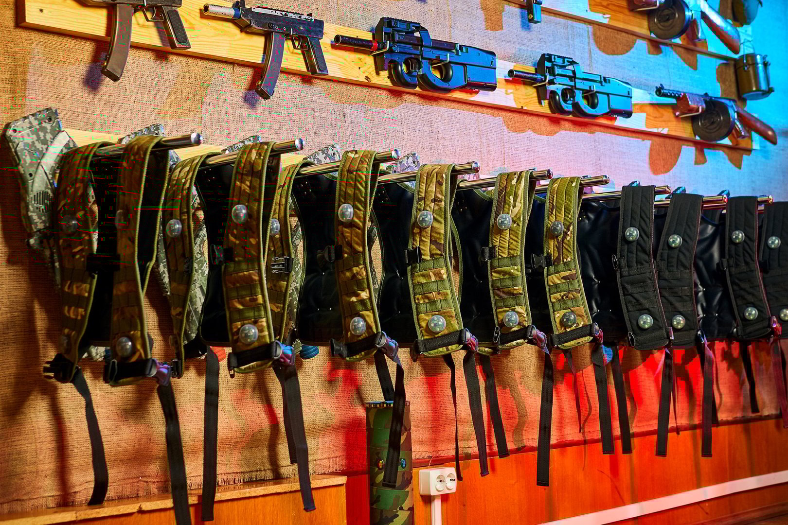 A variety of weapons for playing laser tag game and playground equipment