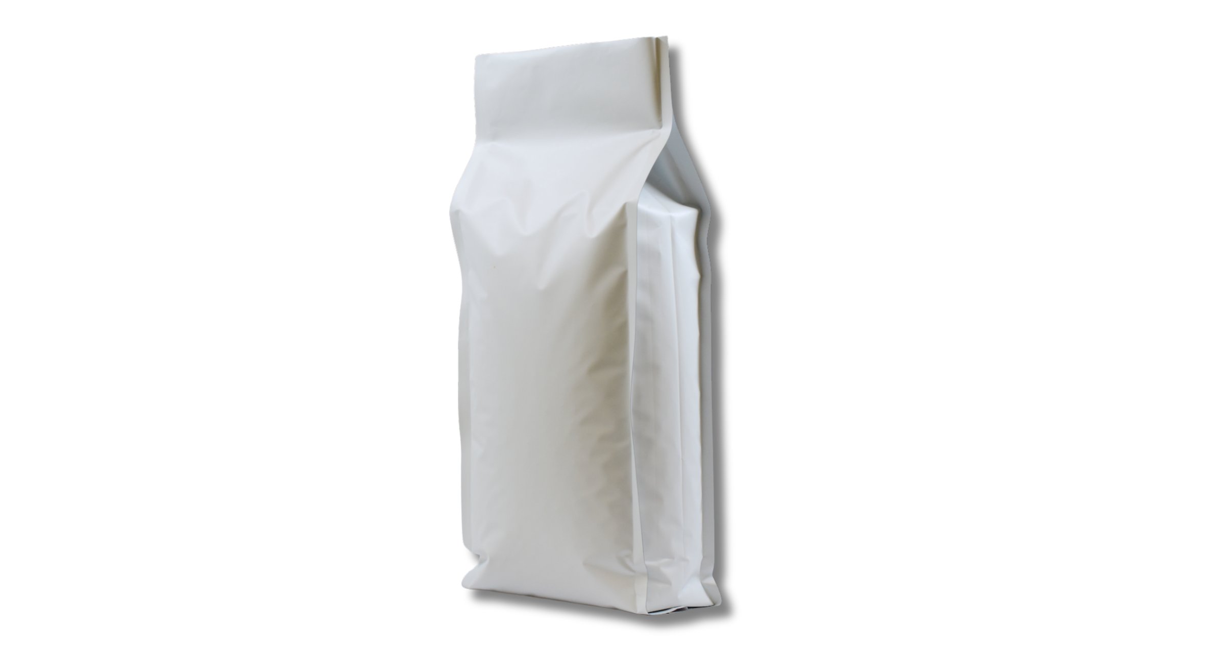 A plain white, sealed rectangular package standing upright against a white background.