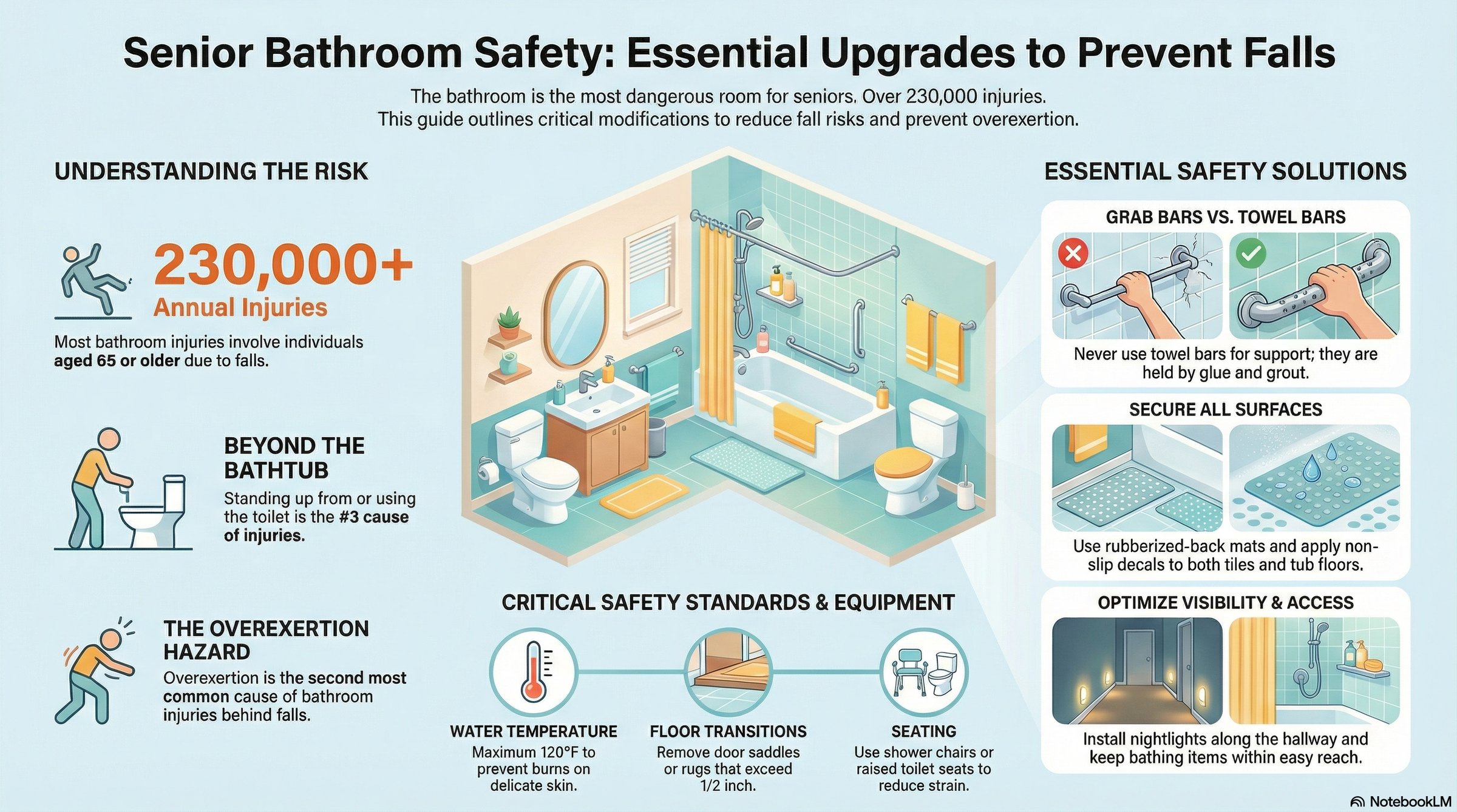 Bathroom safety infographic showing hidden dangers and safety modifications for aging adults