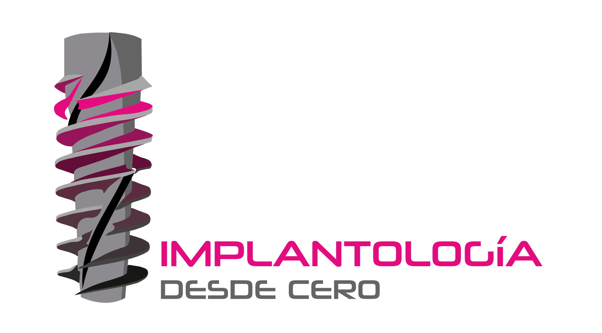 Illustration of a dental implant with the text Implantología Desde Cero in pink and gray.