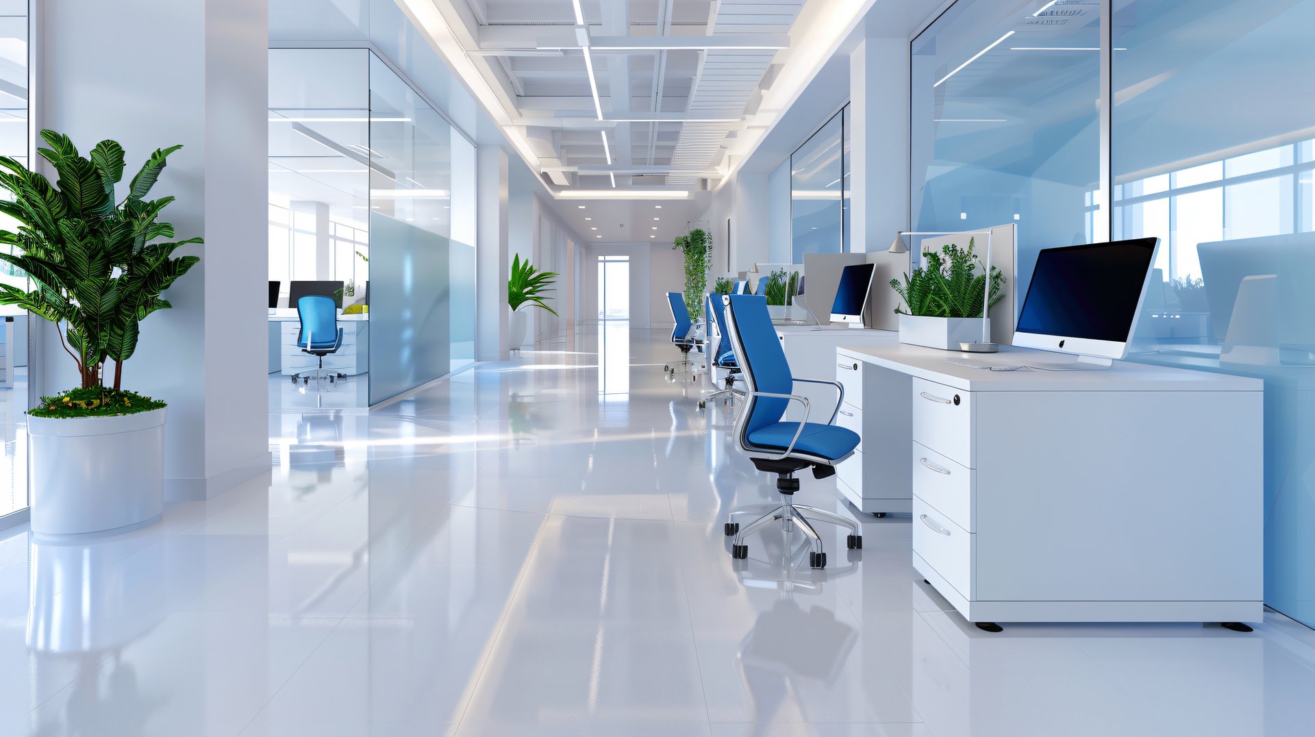 Clean and bright modern office interior featuring a spacious hallway, glass partitions, lush green plants, and contemporary design elements. Ideal for showcasing corporate environments, professional workspaces, and modern business architecture.