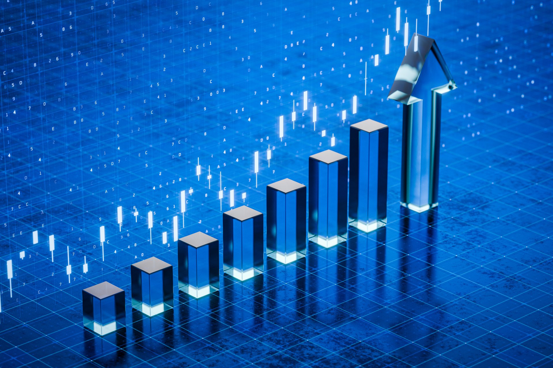 Rising chart. Up chart. Growth of indicators. Price increase. Growing chart concept. Financial chart shows price and goes up. Growth of cryptocurrency, stock or currency. Stock. 3D render.