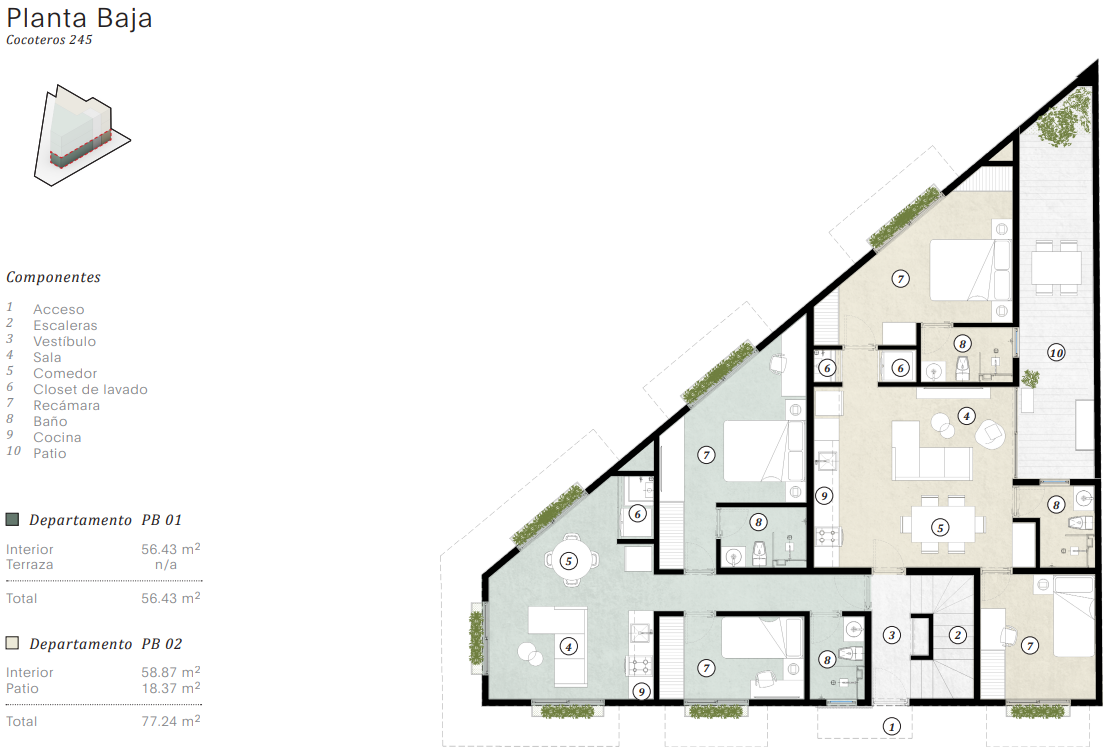 Architectural floor plan of ground floor with labeled components: 2 apartments, access, stairs, elevator, rooms, and patio.