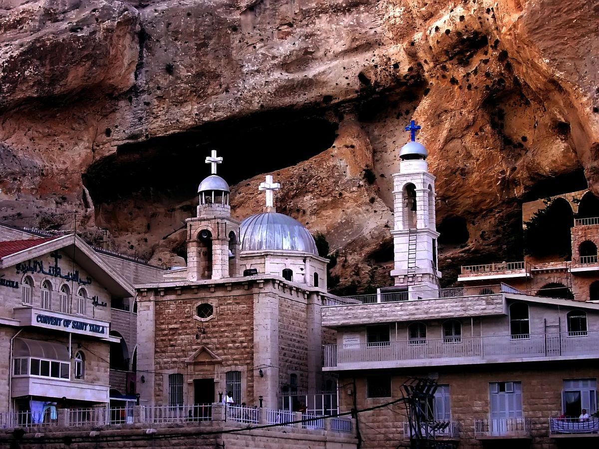 Maaloula village perched in the cliffs of the Anti-Lebanon Mountains with traditional cliff-side architecture