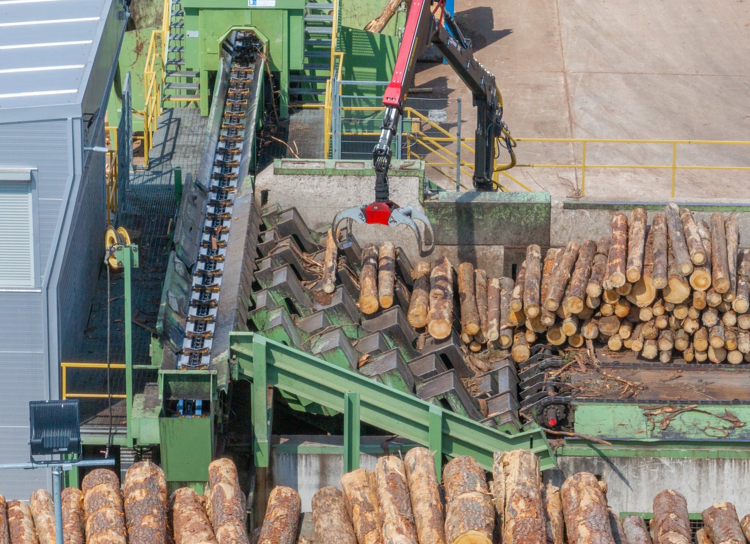 Wood sawmill, machinery for processing wood. Processing plant. A worker operating loader, modern wood processing factory, load freshly cut logs onto the production line for processing, manufacturing.