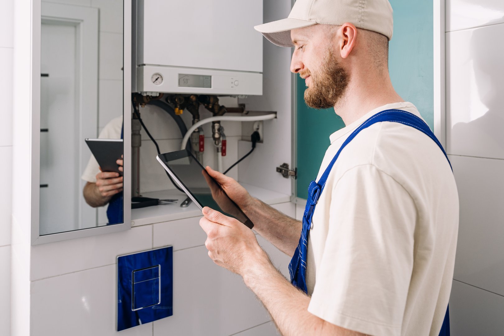 A repairman is checking a gas boiler in a bathroom while using a tablet to track the maintenance. This professional ensures the heating system runs efficiently and safely.