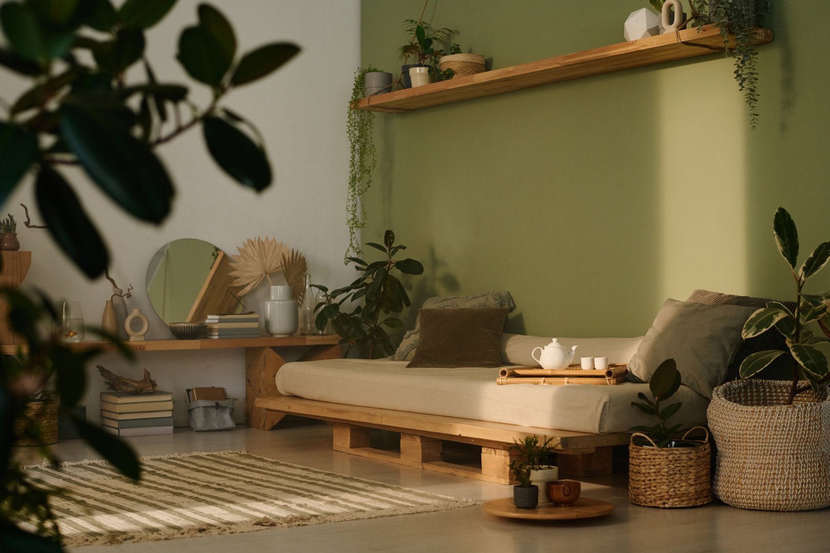 No people shot of part of modern wabi-sabi living room interior in natural colors, decorated with houseplants