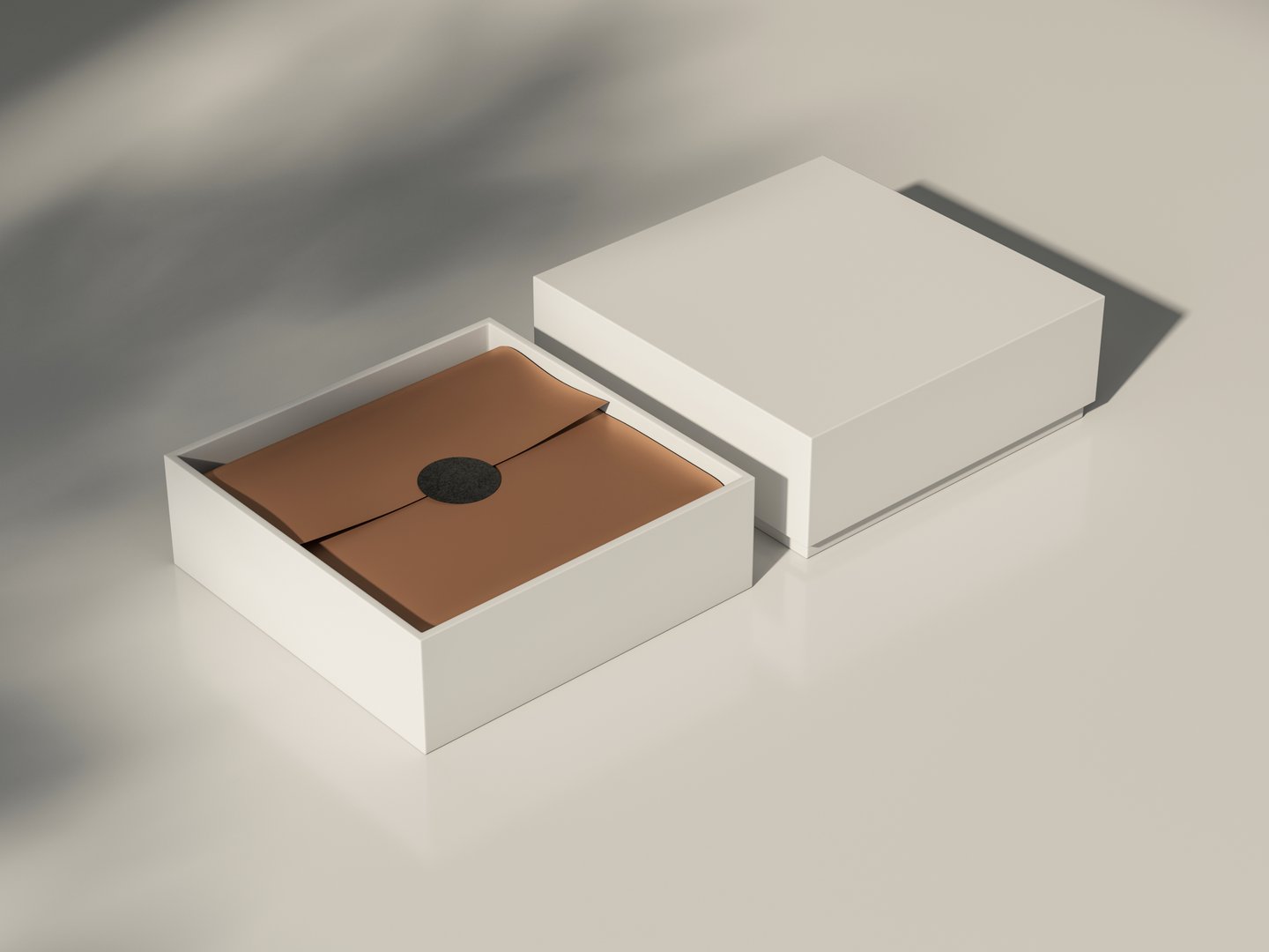 Two Square white Boxes Mockup with gold wrapping paper, opened and closed, 3d rendering