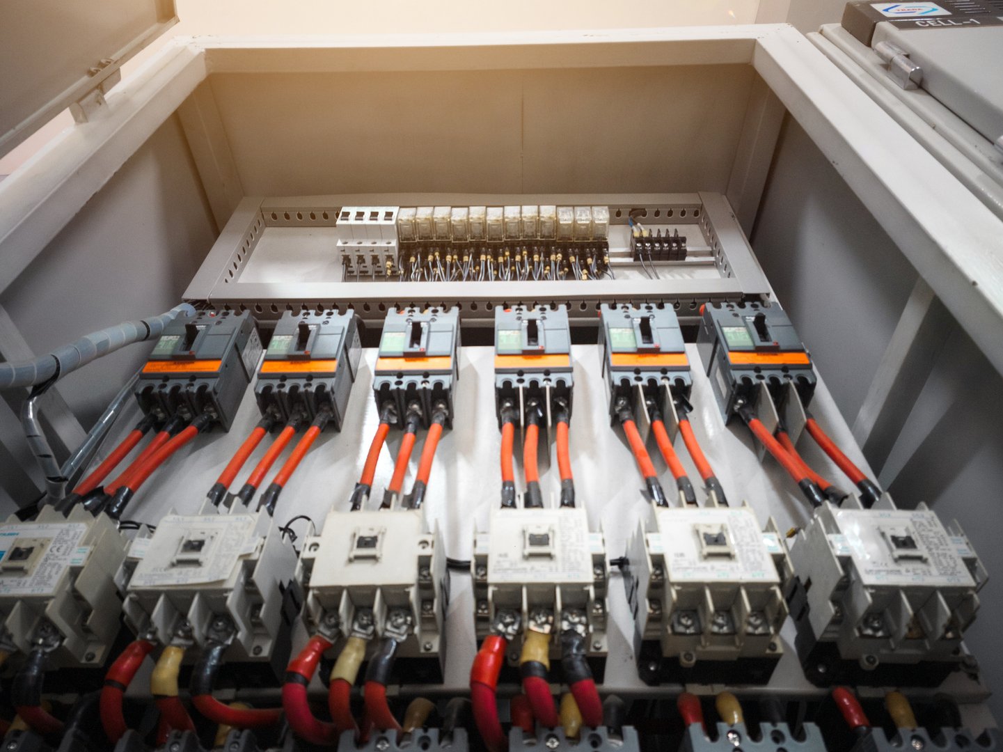 Industrial circuit breaker and  contactors on the main electrical  panel distribution.