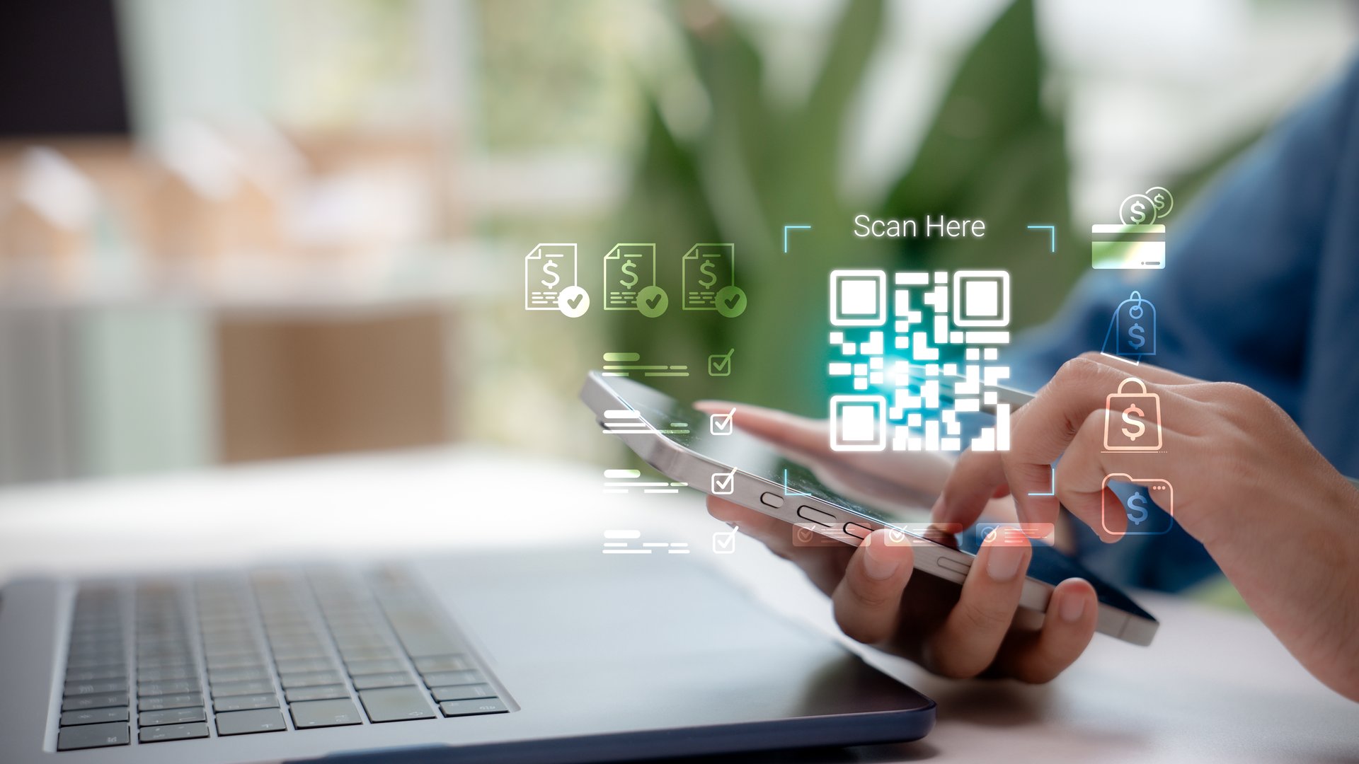 Hand holding smartphone scanning QR code for digital payment with secure online transaction. Concept of mobile banking, fintech, e-commerce, cashless society and financial technology.