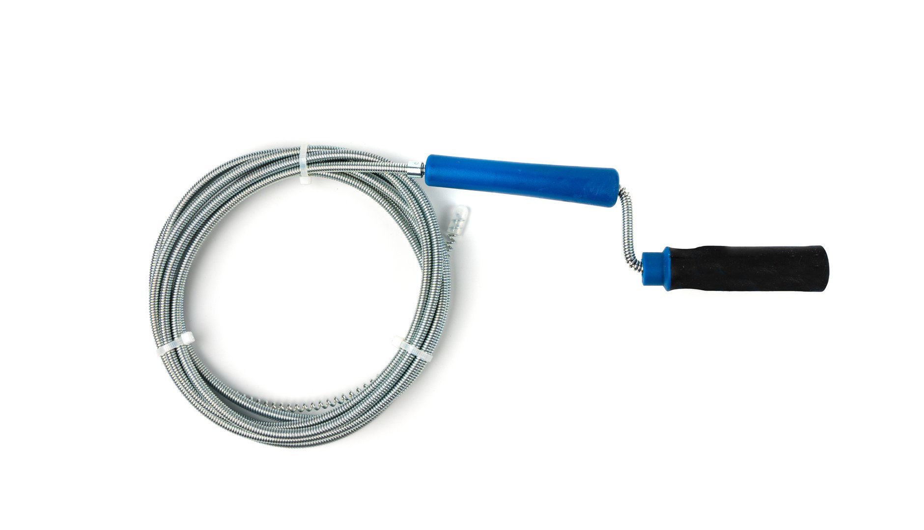 Metal drain auger tool isolated, plumbing snake or cable on white background, removing sink blockages