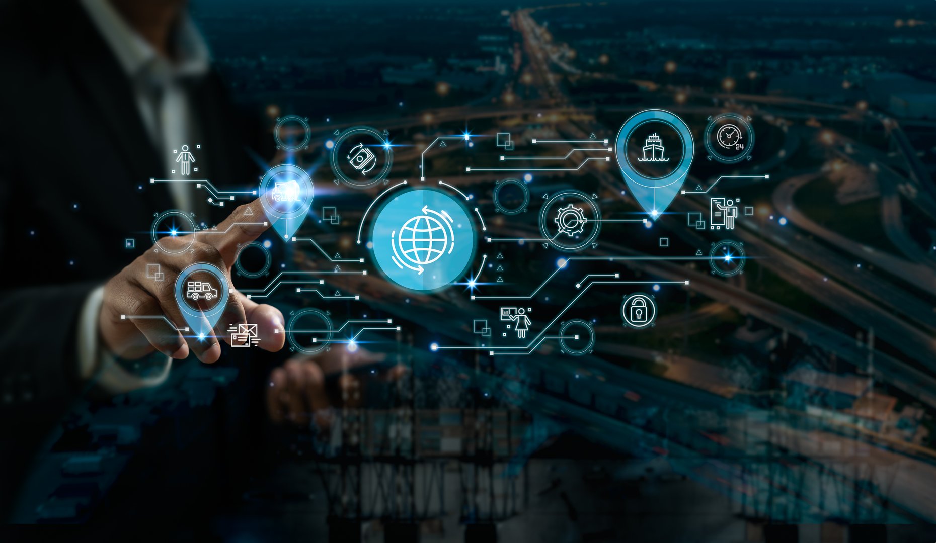 Supply chain and logistic network global business on the virtual screen interface. Relationships global network transportation business technology and logistics insurance online concept.