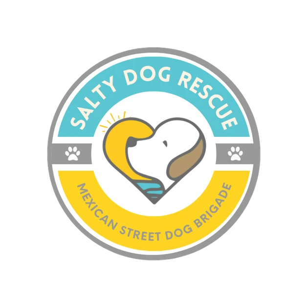 Logo of Salty Dog Rescue featuring a dog silhouette with a sun, labeled Mexican Street Dog Brigade.
