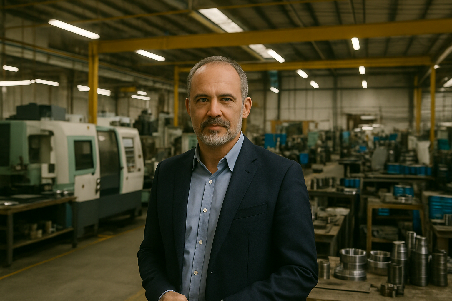 Man in a suit standing in a well-lit factory with machinery and metal parts in the background.