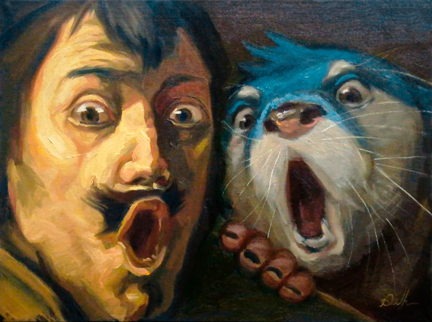 A surprised man and a startled otter with wide open mouths, both with expressive eyes, painted in an exaggerated style.