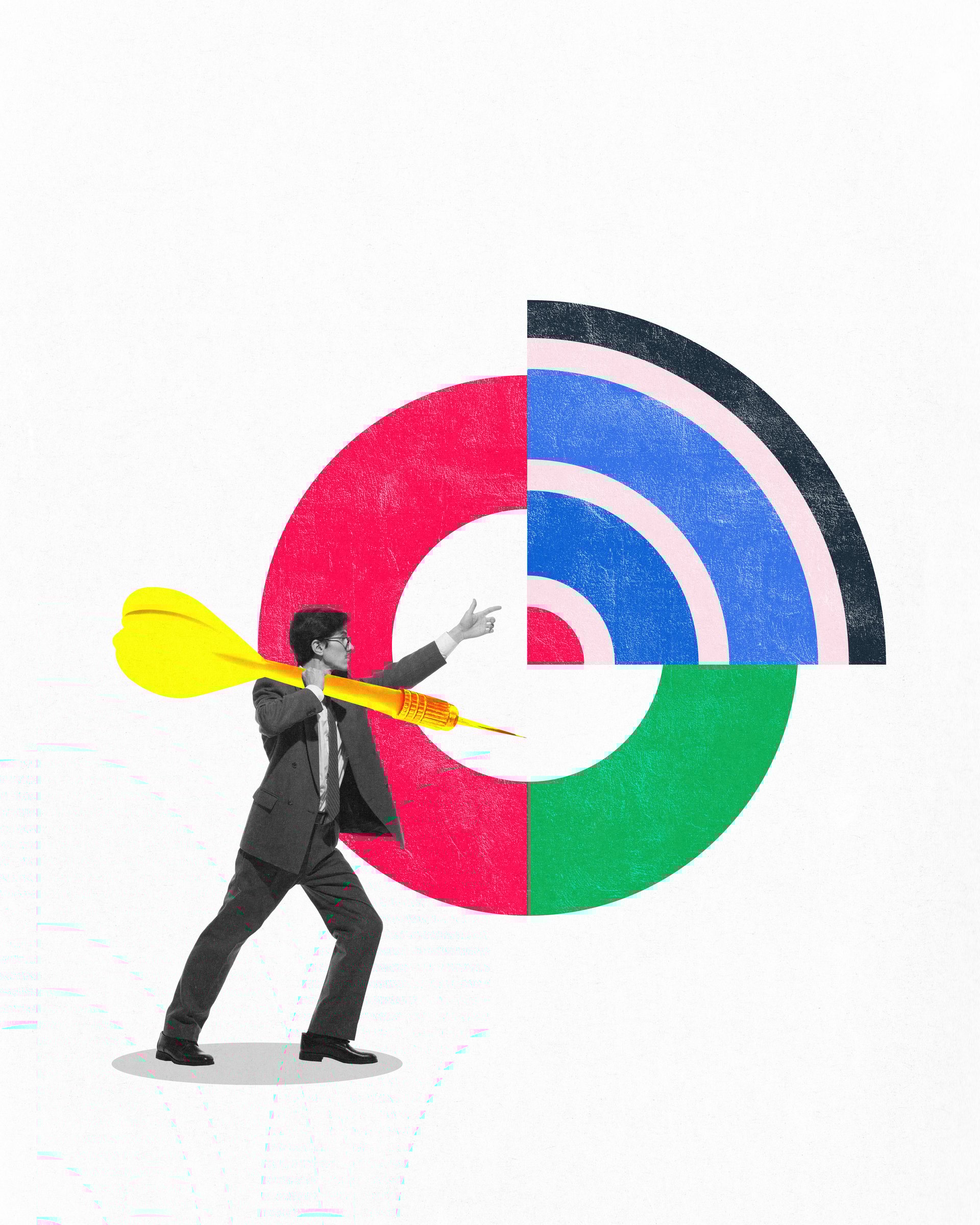 Businessman holding oversized yellow dart aimed at multicolored target, symbolizing strategic precision and goal achievement. Conceptual design. Concept of business, strategy, operations, achievement