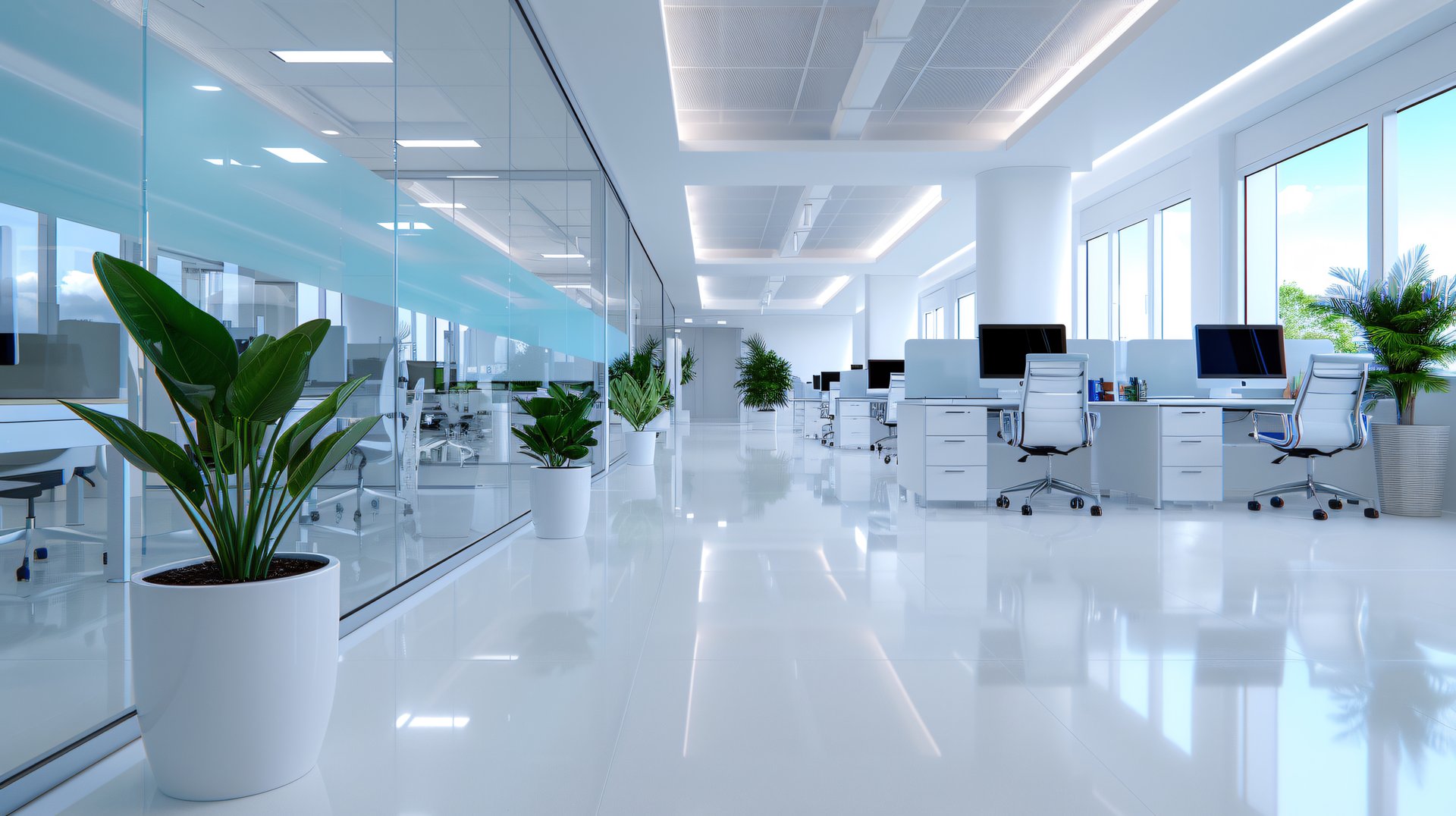 Clean and bright modern office interior featuring a spacious hallway, glass partitions, lush green plants, and contemporary design elements. Ideal for showcasing corporate environments, professional workspaces, and modern business architecture.
