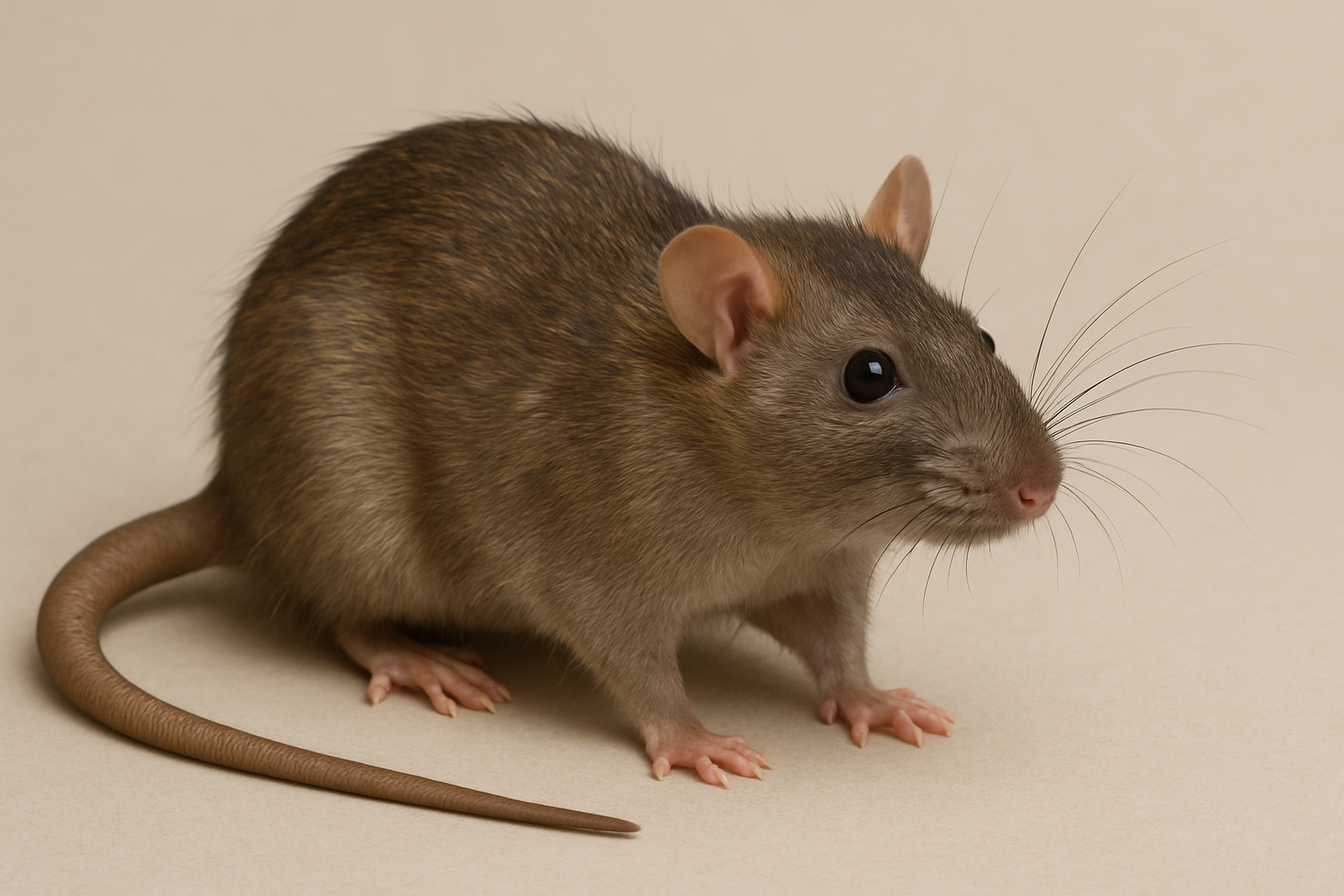 A brown rat with visible whiskers and a long tail, standing on a neutral background.