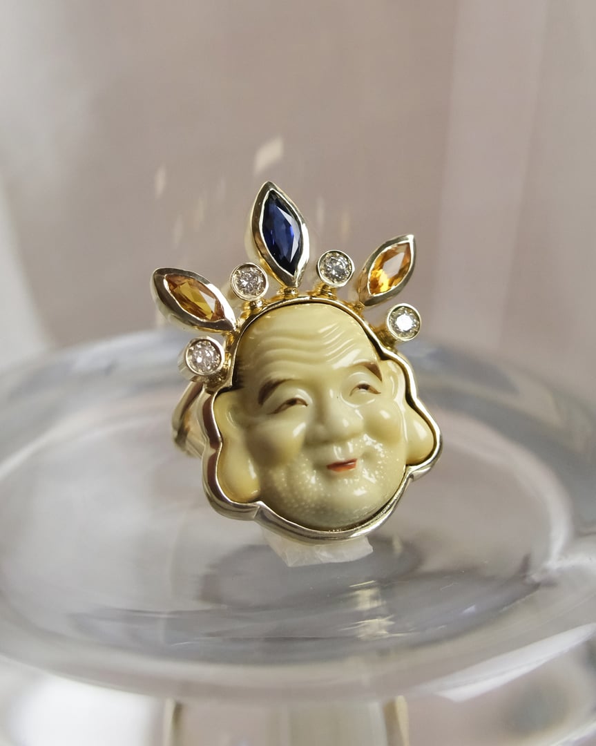 Anel Felicidade - Hotei - Prata ouro 18k diamantes safiras