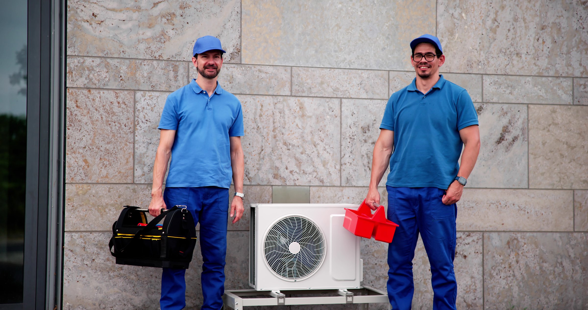 Professional HVAC Technician And Electrician Repair Air Conditioning Outside Office