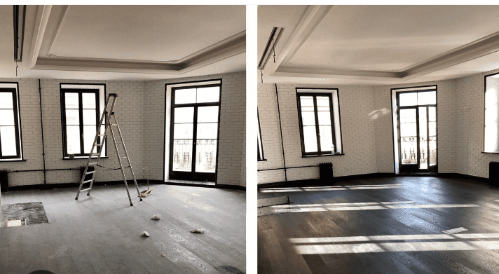 Two images of an empty room with large windows, white brick walls, a ladder, and wooden flooring, showing different angles.