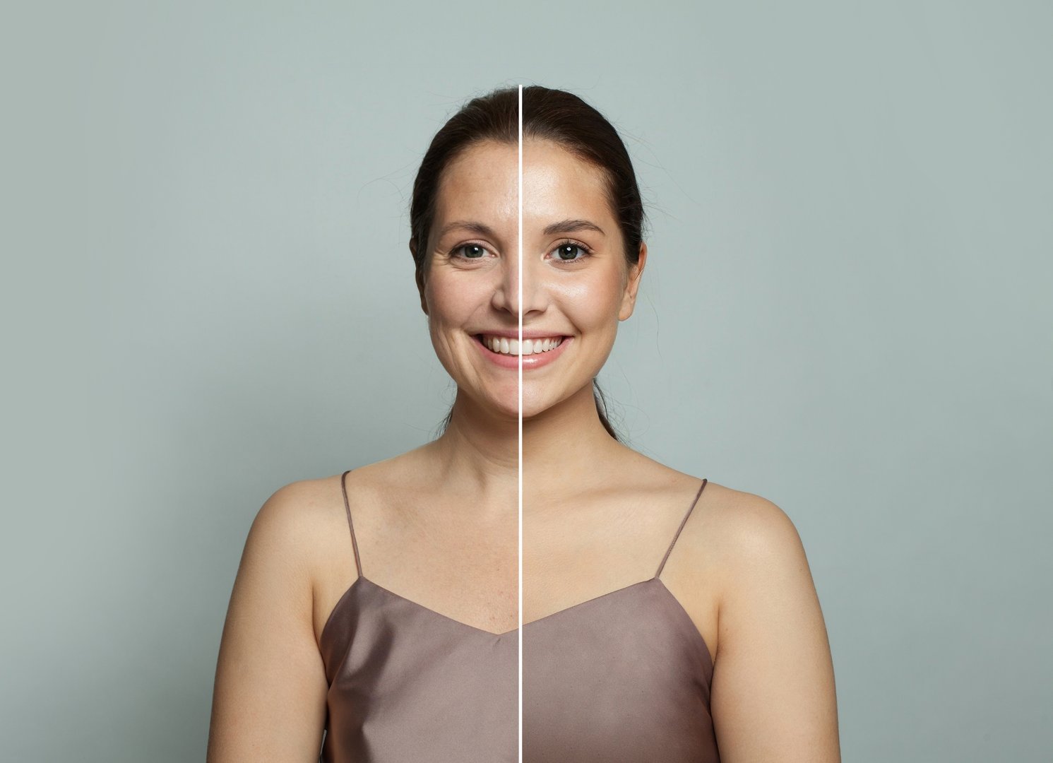 Laughing young model woman and mature woman. Two female faces collage set. Old and young face