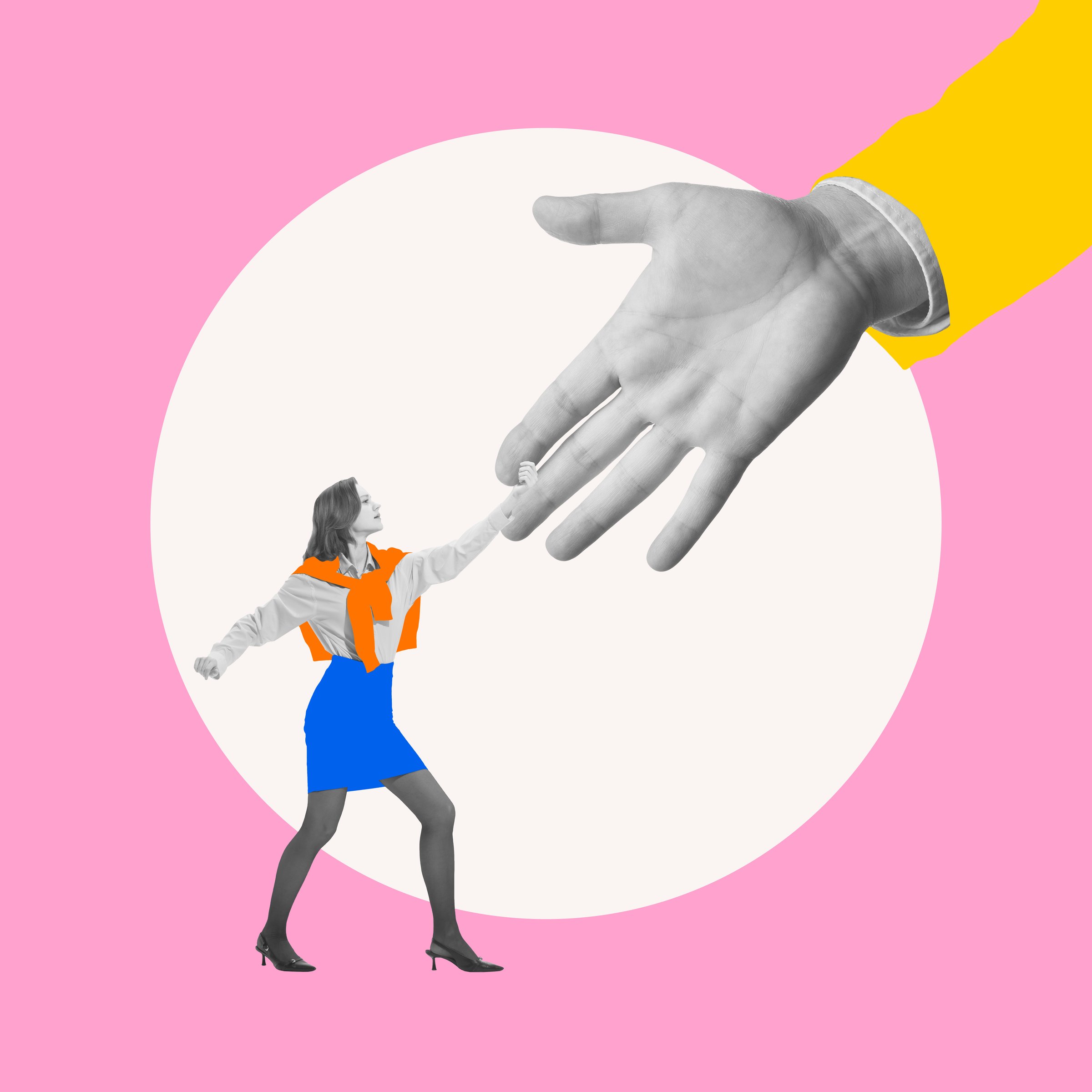 Contemporary art collage. Woman reaching out to a large supportive hand, representing connection, trust, and encouragement within mentoring relationships. Concept of mentoring, couching.