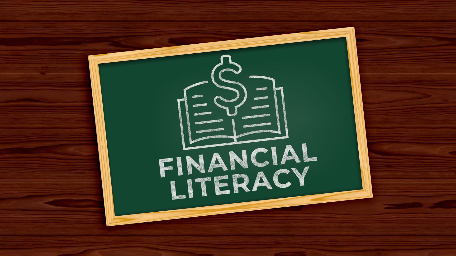 The phrase 'Financial Literacy' is written in chalk on a blackboard placed on a wooden surface. Above the board, an open book is depicted, containing a dollar icon on one of its pages. This composition symbolizes the importance of understanding financial concepts and highlights the connection between education and financial awareness. The image is perfect for topics related to financial education, investment, and economic learning.