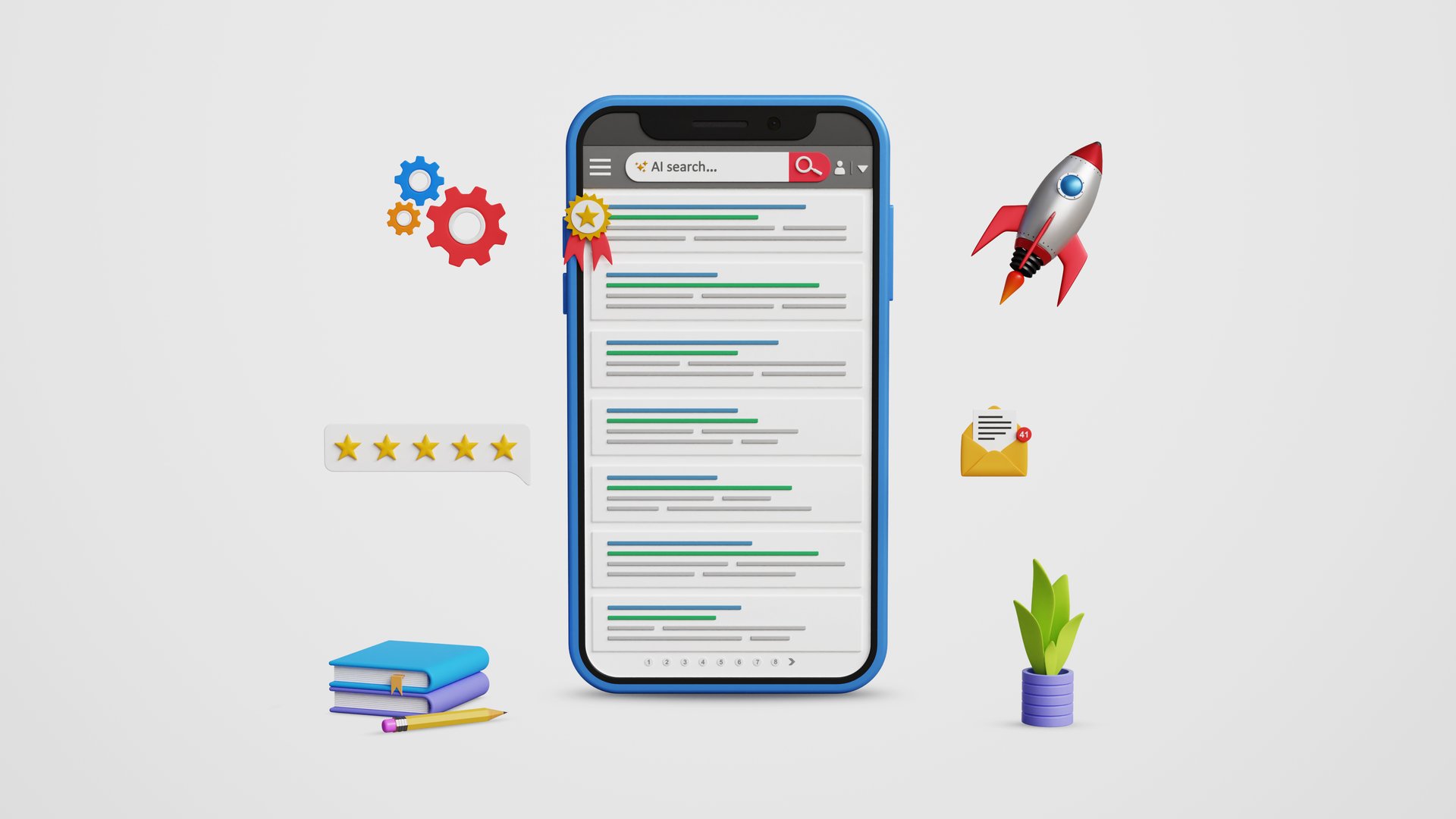 Search Engine Optimization, SEO Strategy. Achieve Top Google ranking, effective keywords, backlinks, digital marketing for business growth. Web ranking page on mobile screen. 3D illustration