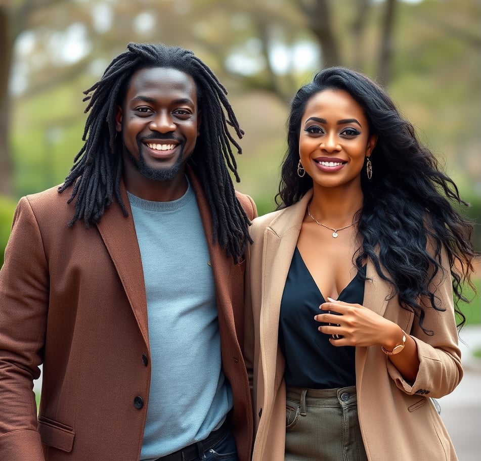 Smiling couple in fall attire standing outdoors, with trees in the background.