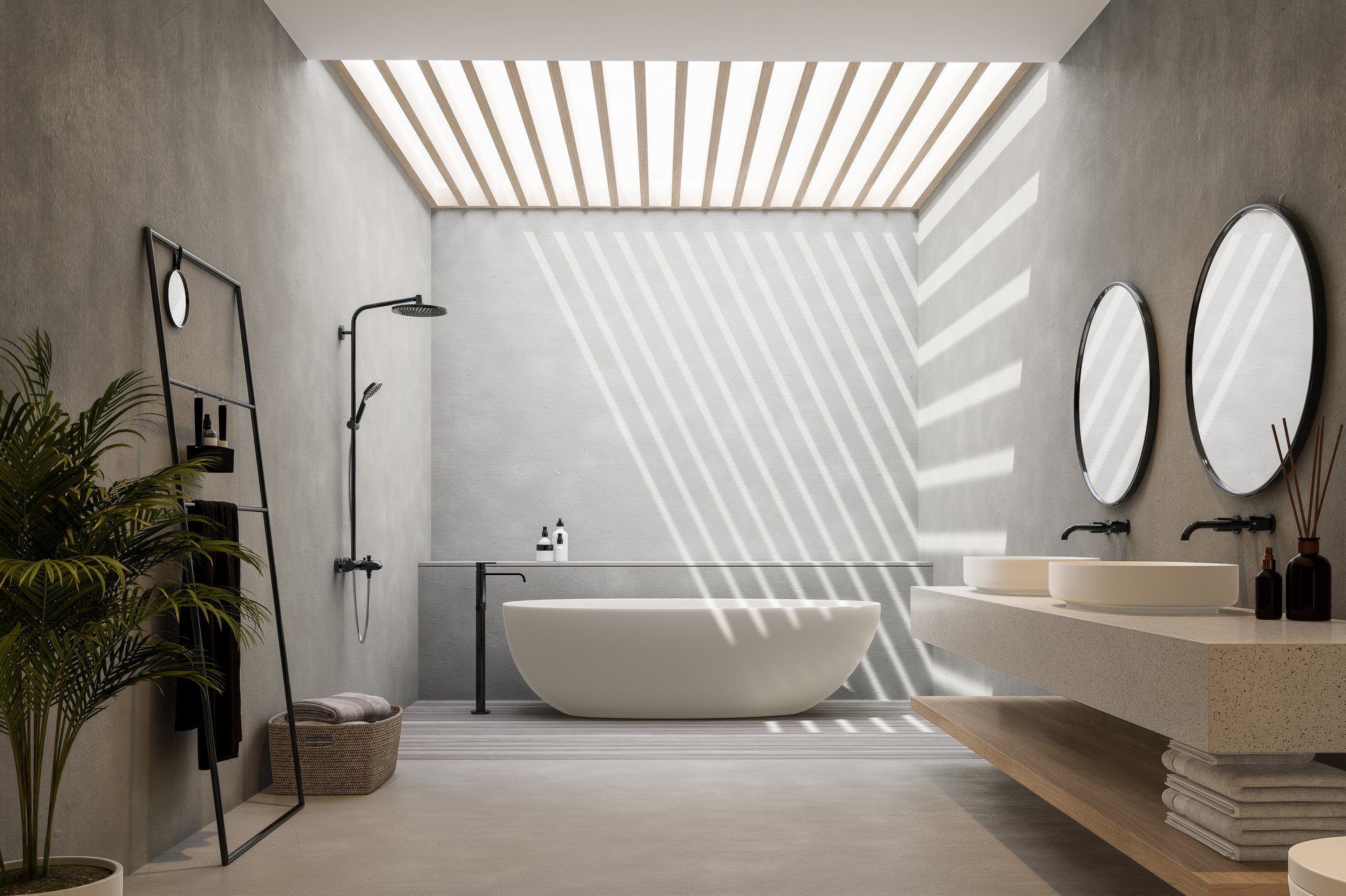 Minimal style loft bathroom with natural light from a large skylight 3d render, Concept for modern house design, There are concrete floor and wall, Bright from sunlight shining into the room..