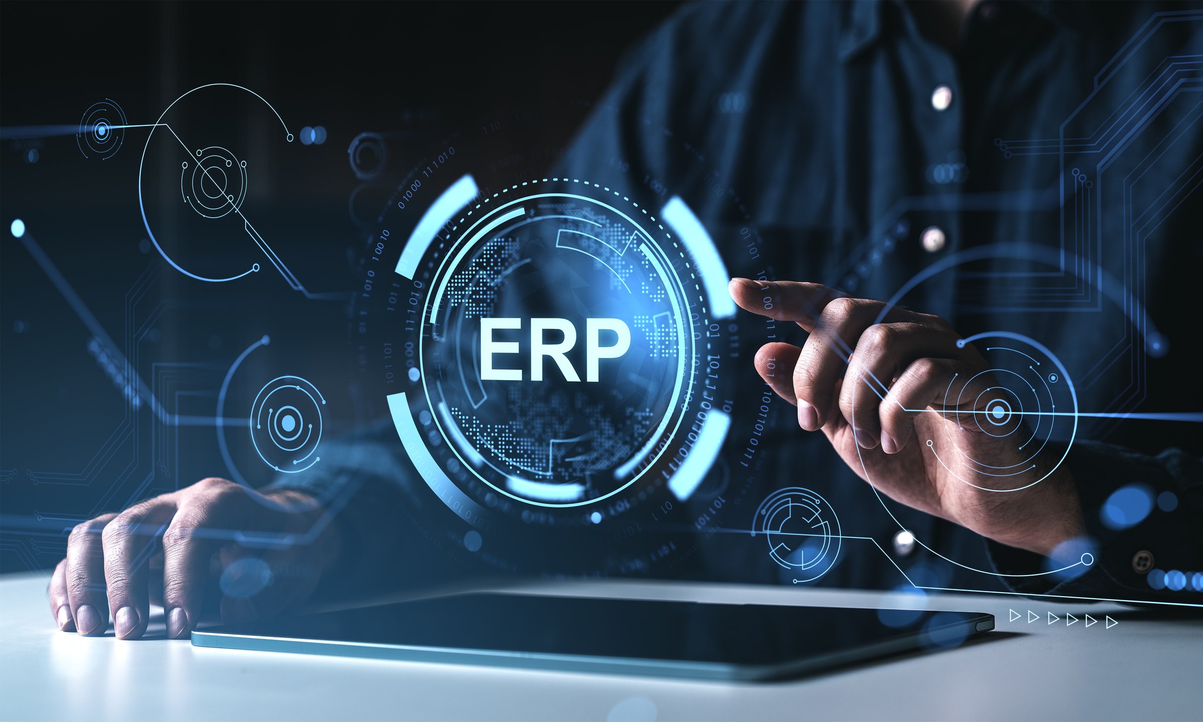 User interacting with ERP system interface, futuristic digital HUD style, dark blue background, concept of enterprise software integration system