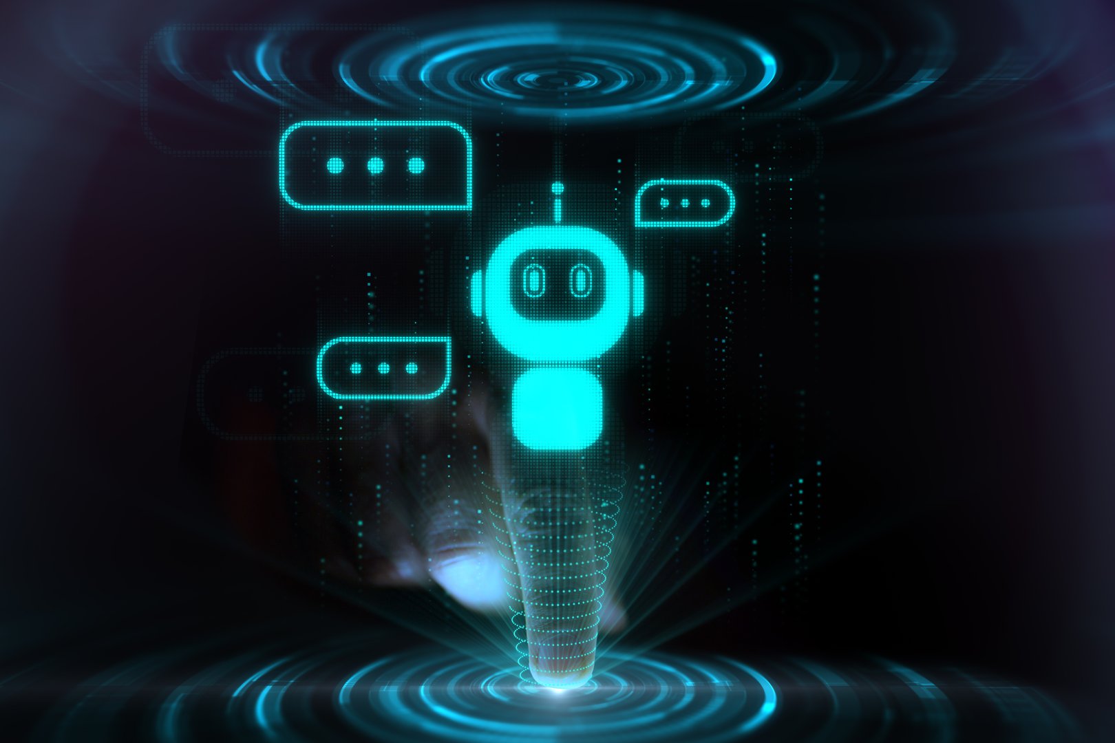 Futuristic hologram interface with a glowing chatbot icon and speech bubbles, activated by a finger touch. Concept of artificial intelligence and digital communication in a virtual environment.
