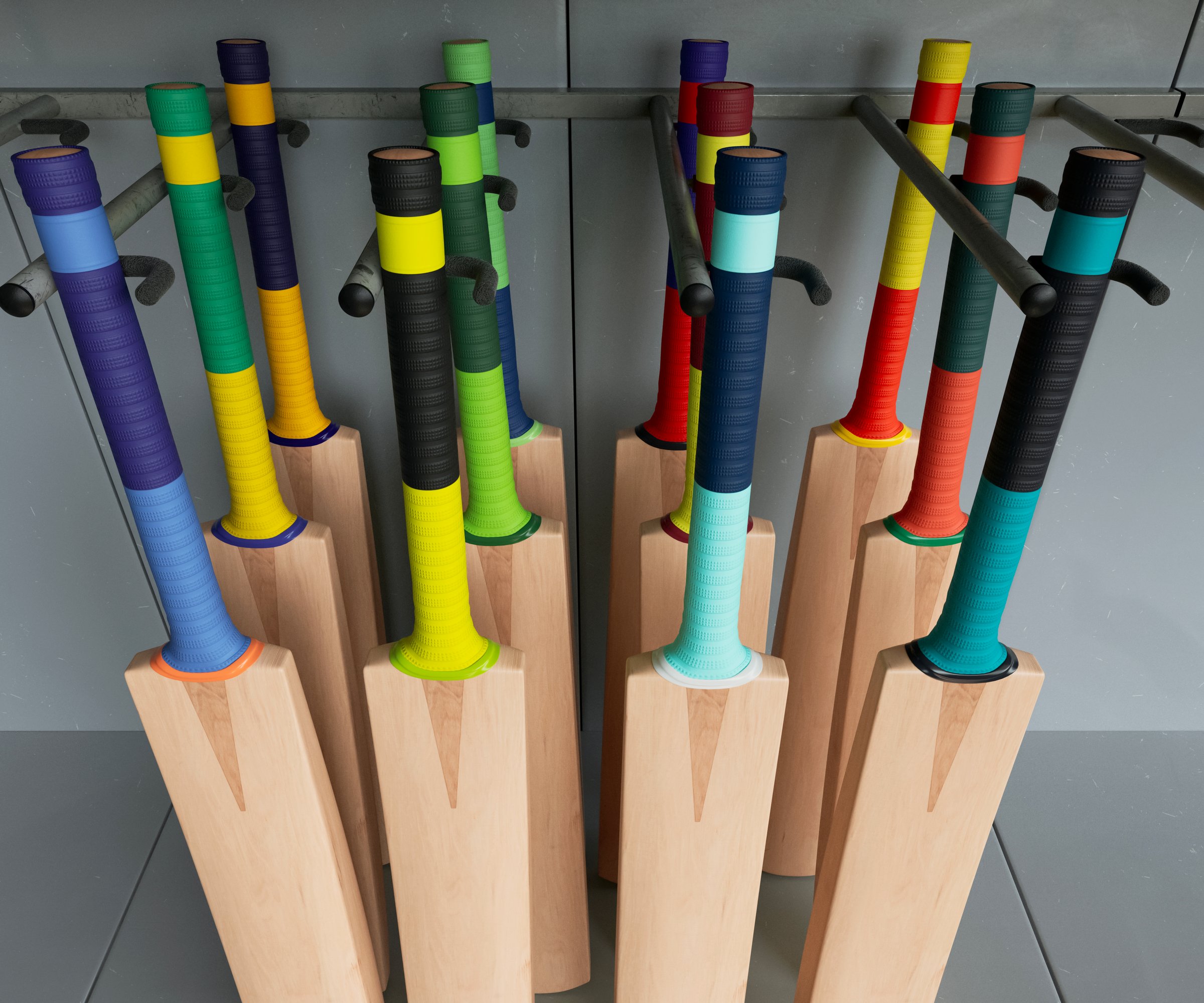 A collection of generic cricket bats with various colorful grips on arranged on a shopping shelf display rack    - 3D render