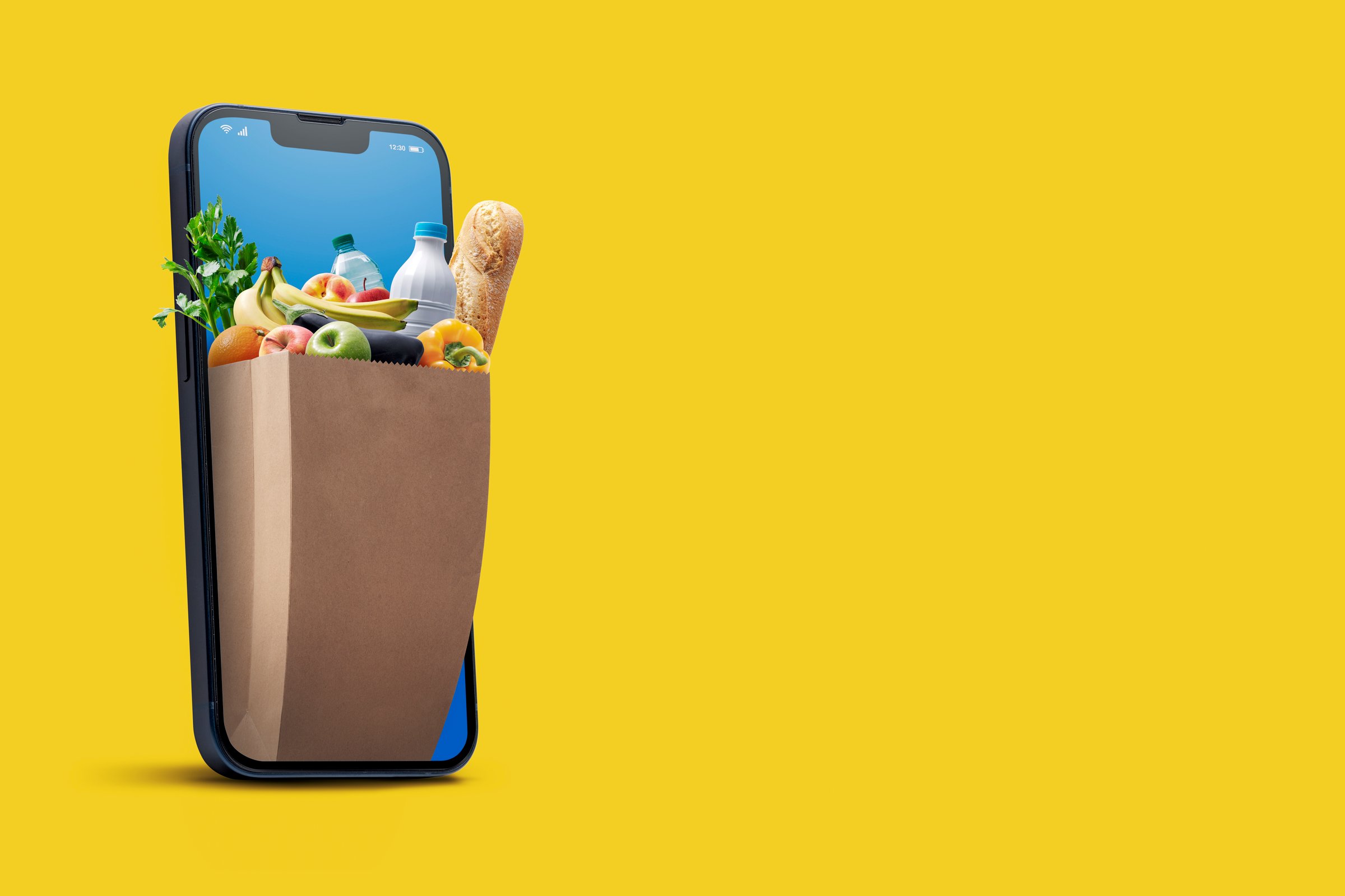 Online grocery shopping and home delivery: bag full of groceries coming out of a smartphone screen