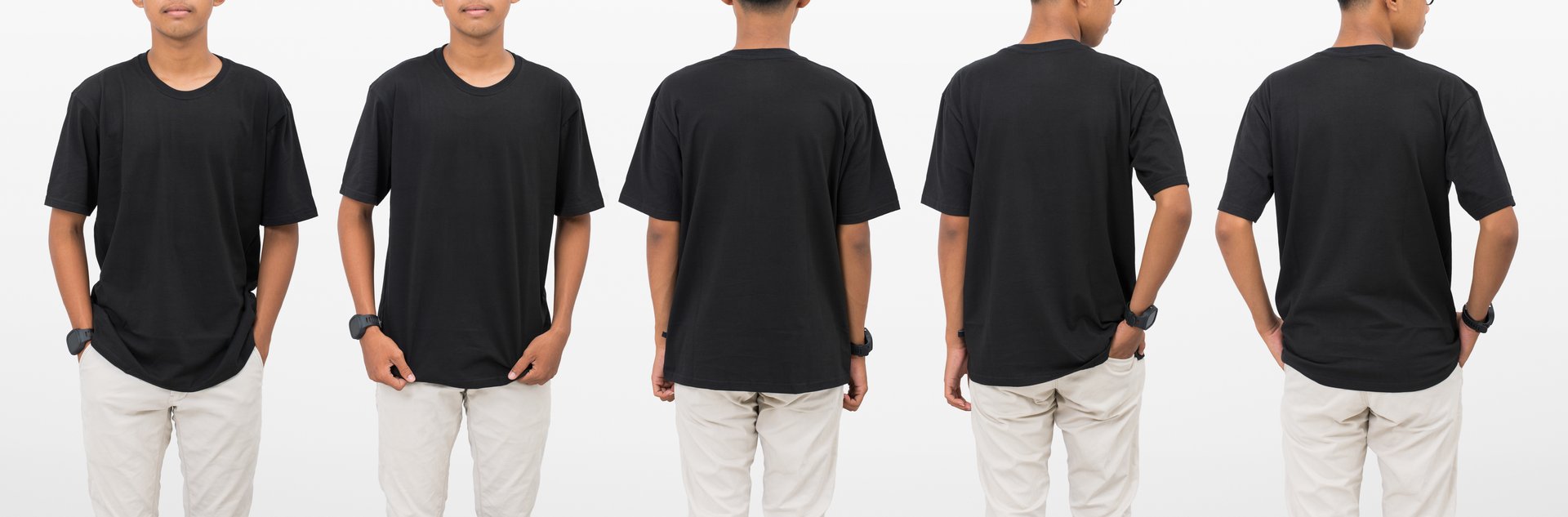 Young man wearing black t-shirt front and back view for mockup