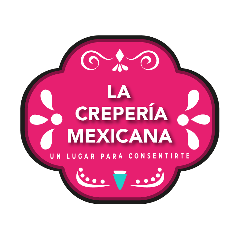 Logo of "La Crepería Mexicana" with floral designs on a pink background, featuring the tagline "Un lugar para consentirte."
