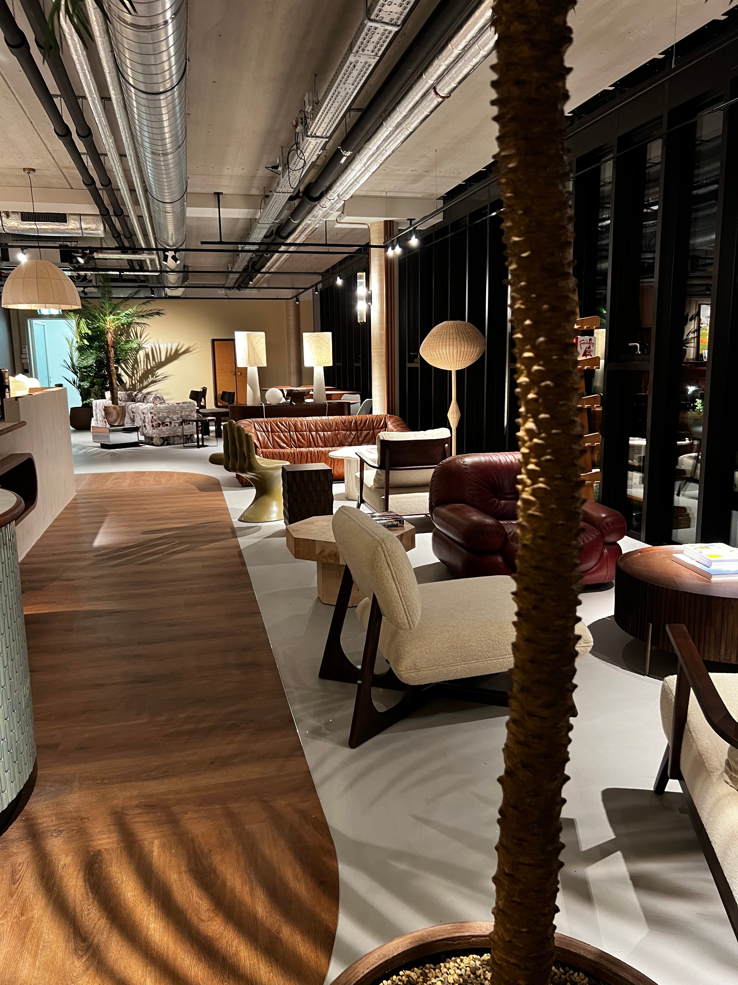 Modern lounge with stylish chairs, lamps, and a palm tree, featuring a minimalist design and warm lighting.
