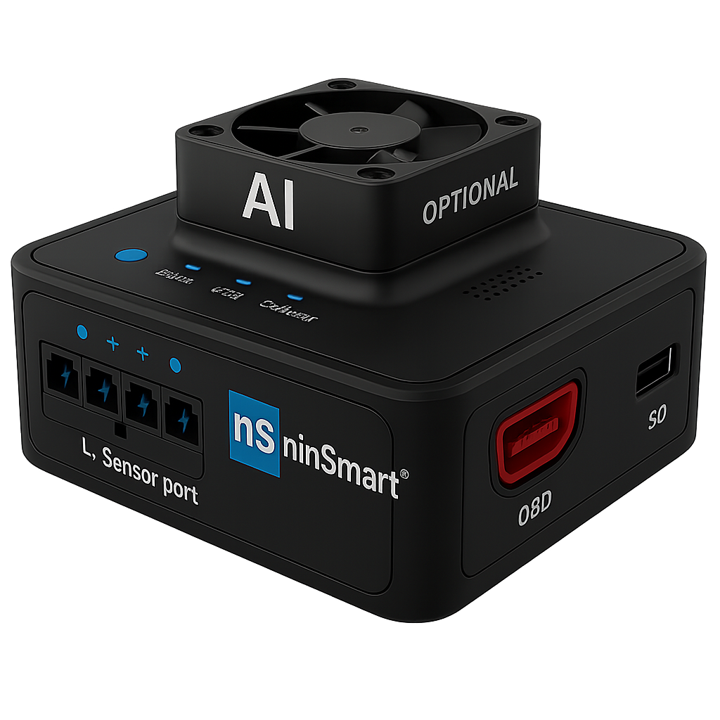 A black electronic device labeled AI nSinSmart with sensor ports, an SD slot, and a small fan on top.
