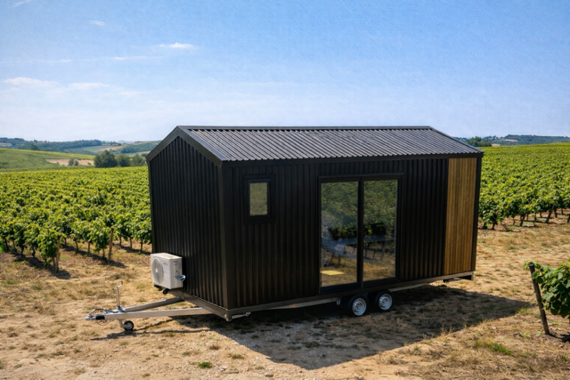 The Airlie compact tiny home exterior featuring Colorbond cladding, timber accents, and large windows in a natural setting