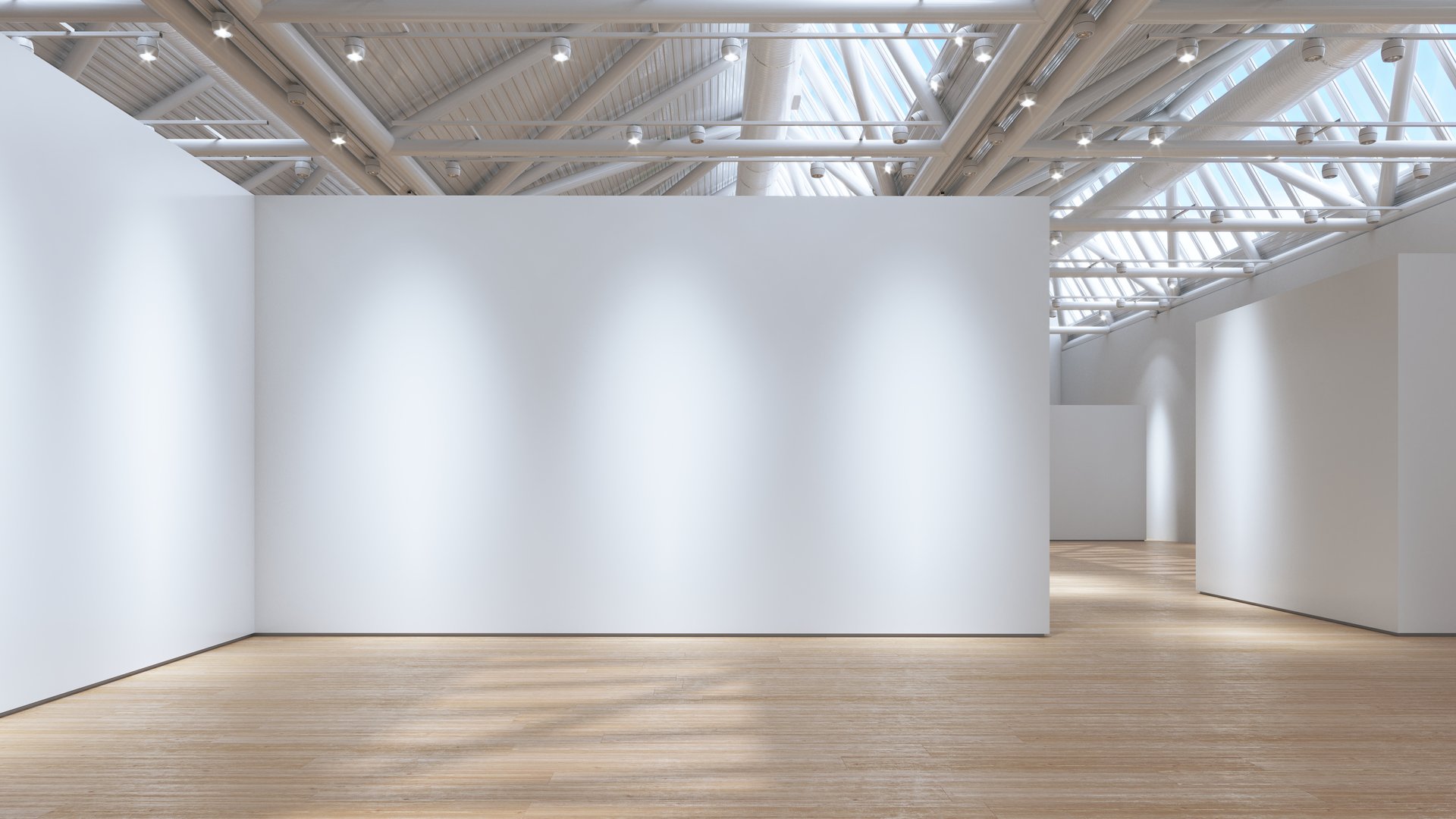 Empty minimalist art gallery space, white walls, wooden floor, bright illumination. 3D rendering.