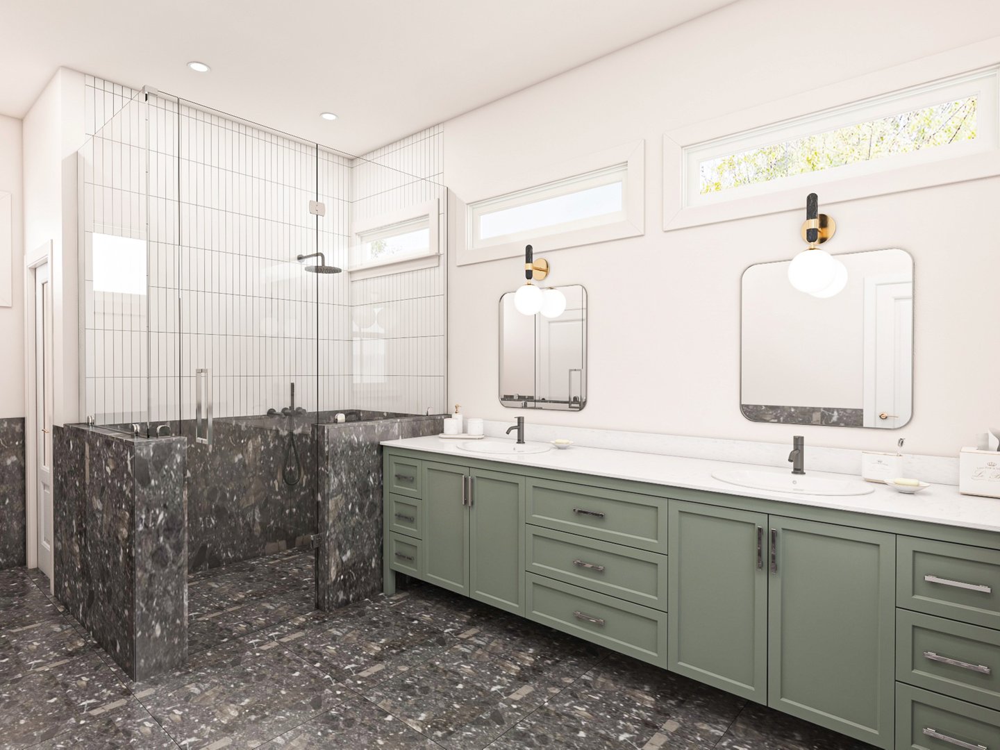 Elegant bathroom featuring a double sink green vanity, granite surfaces, and a spacious glass shower. Ideal for modern home interiors and showcasing contemporary bathroom aesthetics.