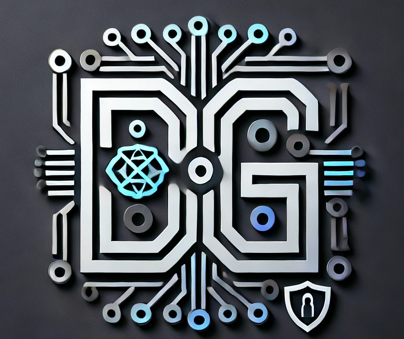 Abstract design with thick, interwoven lines forming the letters D and G, resembling a circuit board with tech motifs.