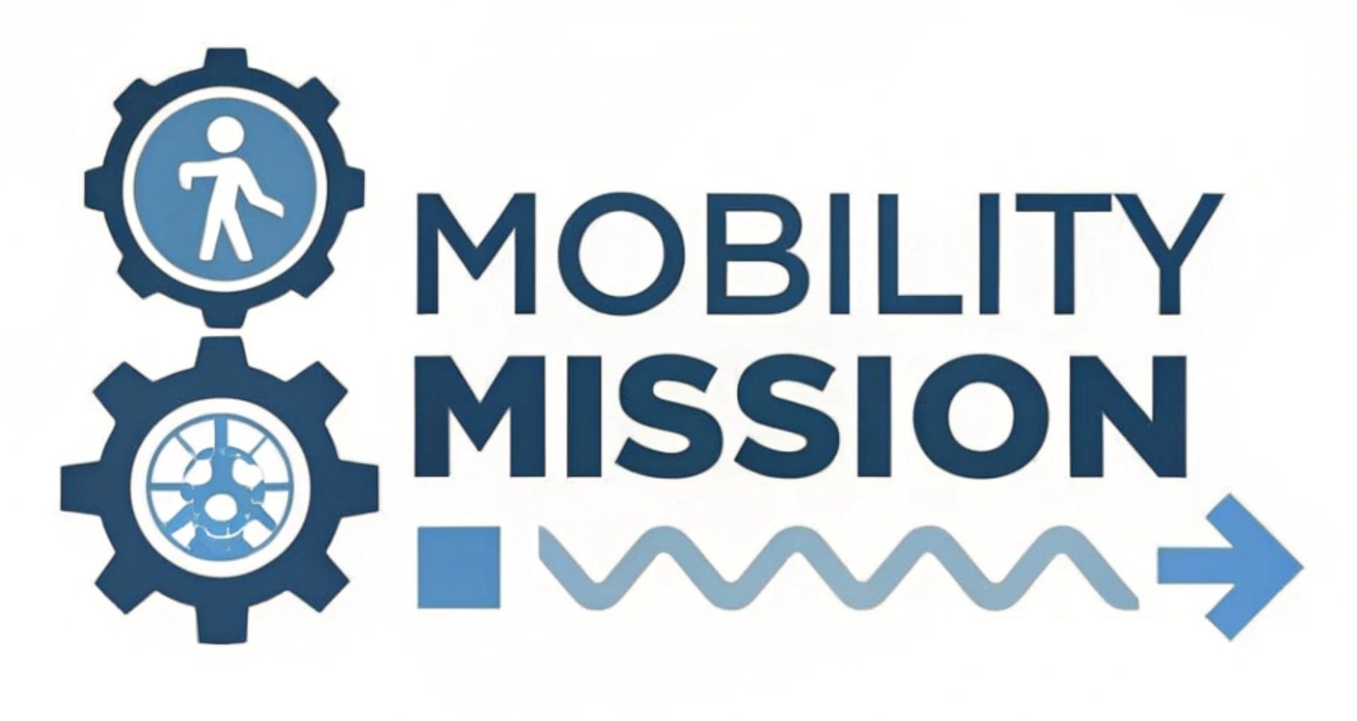 Logo with two gears, one with a person icon and the other with DNA. Text reads Mobility Mission with a blue arrow below.