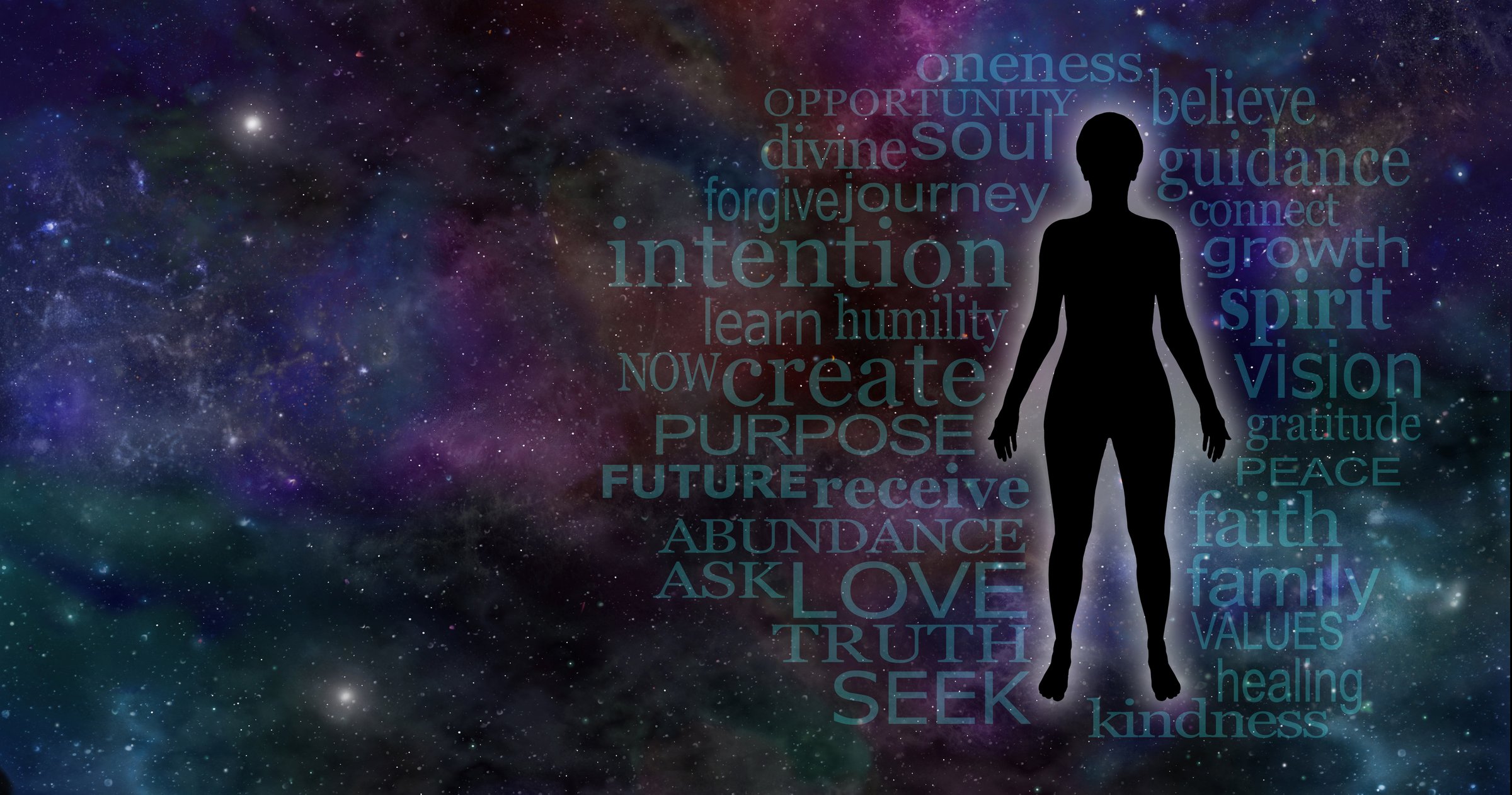 Wide deep space background with a female silhouette on right hand side surrounded by a mindfulness word cloud and plenty of copy space