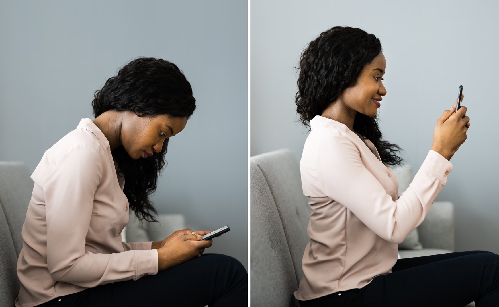 Incorrect And Correct Spine Posture Using Smartphone Or Phone
